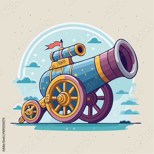 Colorful Cartoon Cannon Illustration Against Light Sky