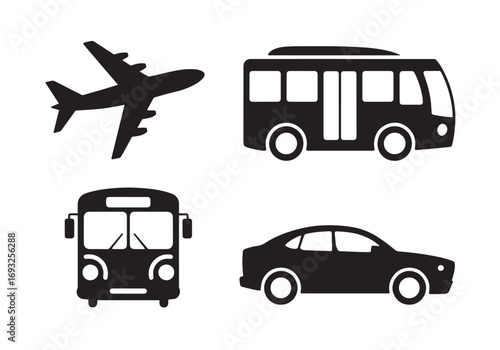 Silhouette collection of transportation icons airplane bus and car for travel concepts white background