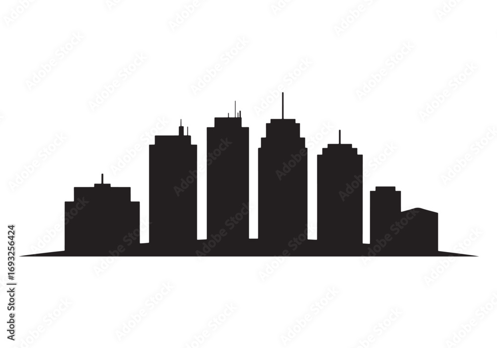 Fototapeta premium Modern city skyline silhouette with tall buildings and urban architecture white background