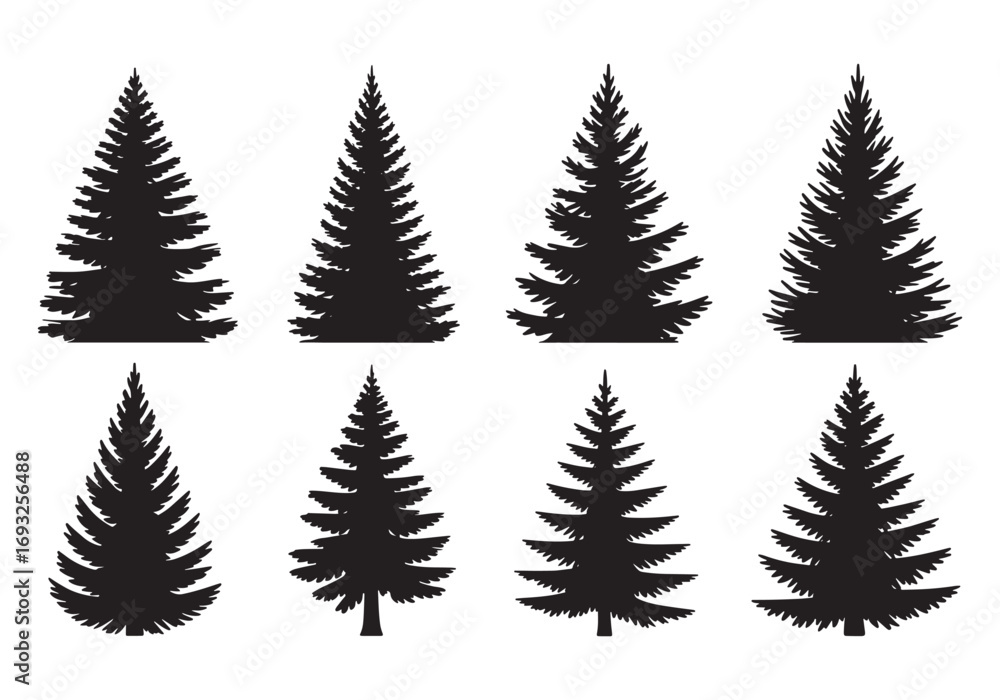 Obraz premium Set of eight silhouette evergreen pine fir trees with textured bristle brushes ideal for winter decor white background