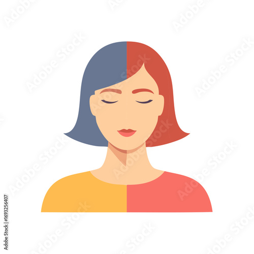 Abstract woman with closed eyes half blue half red hair and multicolor shirt illustration