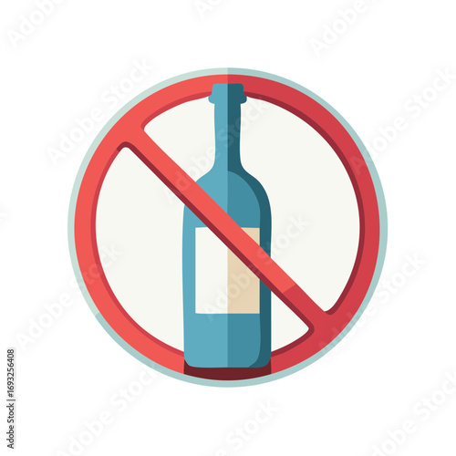 No drinking allowed prohibition sign with alcohol bottle flat icon