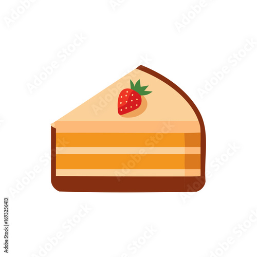 Vector illustration of a layered cake slice with cream topping and a fresh strawberry