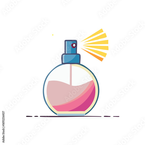 Round pink perfume bottle spraying a scent flat vector illustration