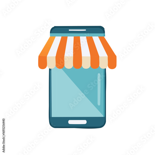 Cartoon smartphone with awning representing an online shop or store, selling goods and services
