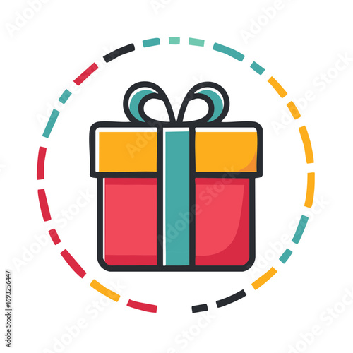 Simple cartoon gift box with ribbon and bow inside a dashed circle