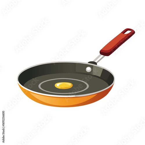 Single fried egg in a pan ready for cooking and serving for breakfast with orange handle