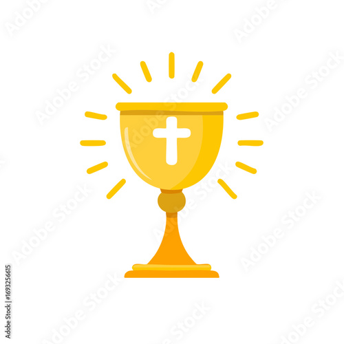 Golden chalice with a cross symbol radiating light and holy communion concept