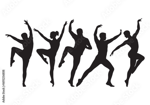 Dynamic silhouette group of dancers in various ballet poses performing graceful movements white background