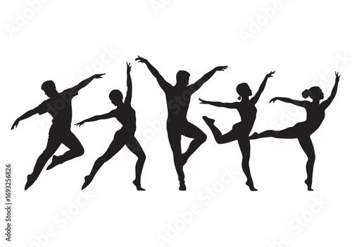 Dynamic silhouettes of dancers performing graceful ballet poses in harmony white background