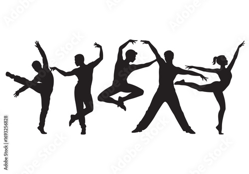 Dynamic silhouettes of diverse dancers in expressive ballet poses graceful movement and artistic performance white background