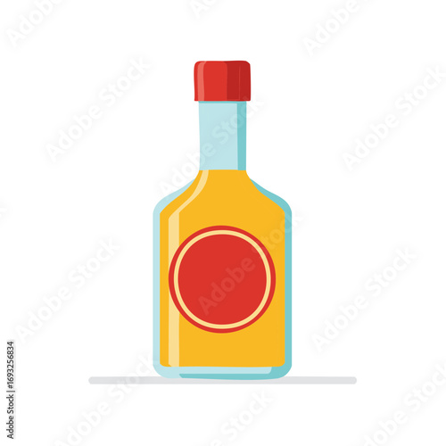 Cartoon illustration of a bottle of sauce or dressing with red cap
