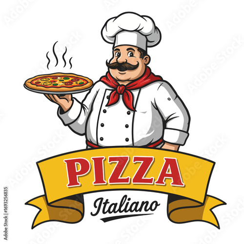 Cartoon chef holding a hot, steaming pizza with a "Pizza Italiano" banner below, representing a restaurant or food business.