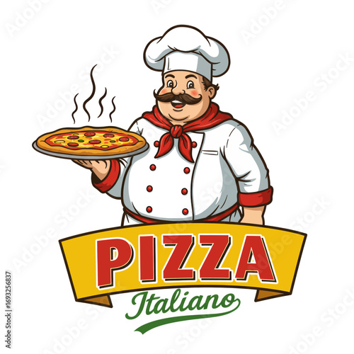 Cartoon illustration of a chef holding a pizza, with a banner that says 'Pizza Italiano'.