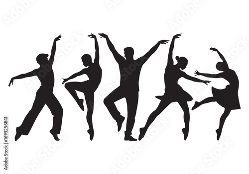 Diverse ballet dancers in dynamic poses expressing graceful movement and artistic expression white background