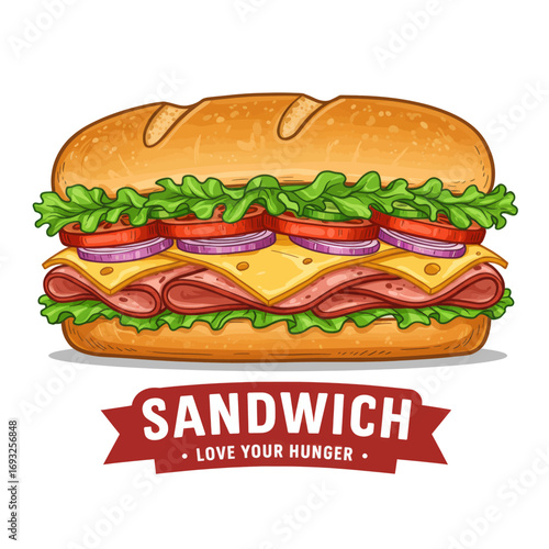 A delicious and colorful illustration of a long sandwich filled with ham, cheese, lettuce, tomatoes, and onions on a white background.