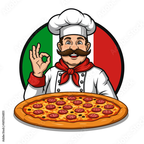 Cartoon Italian chef with a mustache and toque hat making an 'okay' gesture, standing behind a large pepperoni pizza with an Italian flag background.