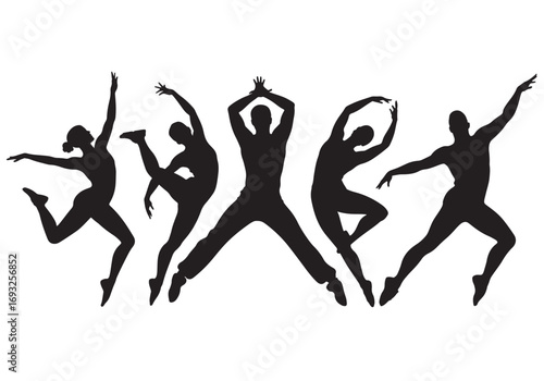 Dynamic silhouette dancers performing graceful ballet poses in mid-air dance routine white background