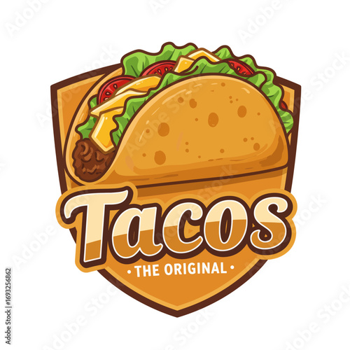 A detailed illustration of a taco with fillings, presented in a shield-shaped logo design.