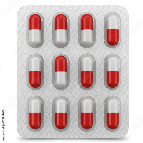 Blister pack of red and white capsules.