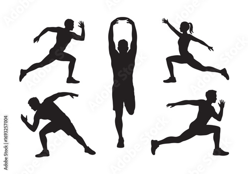 Dynamic silhouettes of athletes in motion capturing peak physical performance and athleticism white background