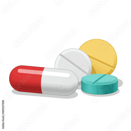Various pills and capsules on white background.