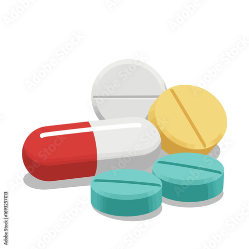 A vibrant collection of various pharmaceutical pills and capsules in different colors and shapes, representing modern medicine.