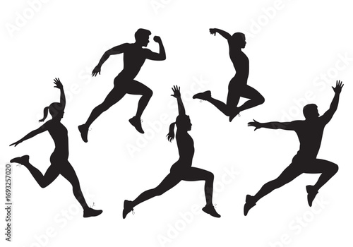 Dynamic silhouettes of athletes in motion capturing the energy of sports and fitness activities white background