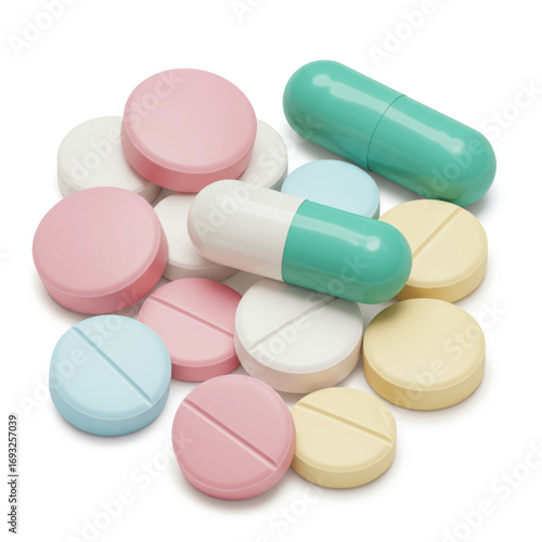 Pile of colorful pills and capsules on white background.