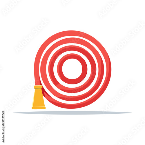 Red coiled fire hose with yellow nozzle and shadow isolated on white