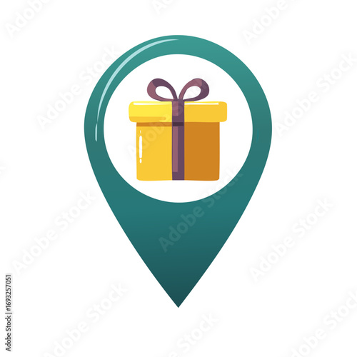 Gift box icon on map pin locator symbol for delivery or location of present