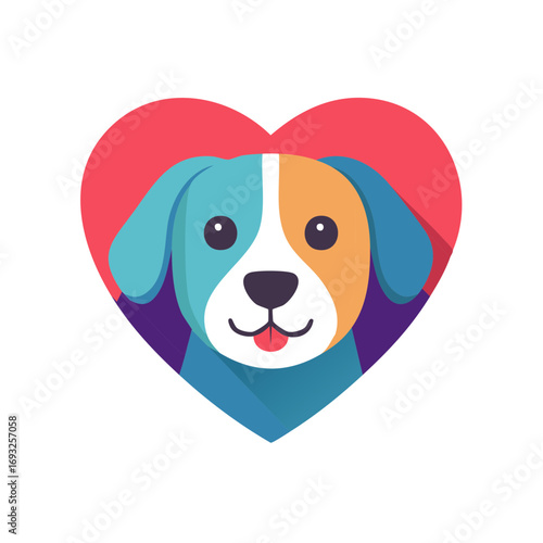 Colorful puppy dog face inside a red heart icon vector illustration for pet lovers