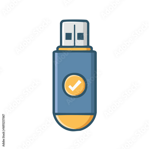 Blue and Yellow USB Flash Drive with Check Mark for Data Storage and Security