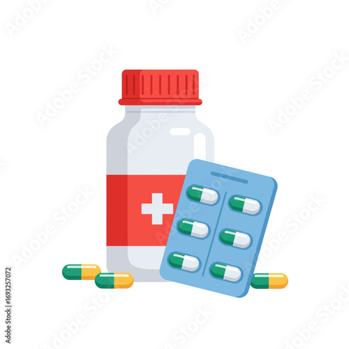 Illustration of a medicine bottle, blister pack, and pills.