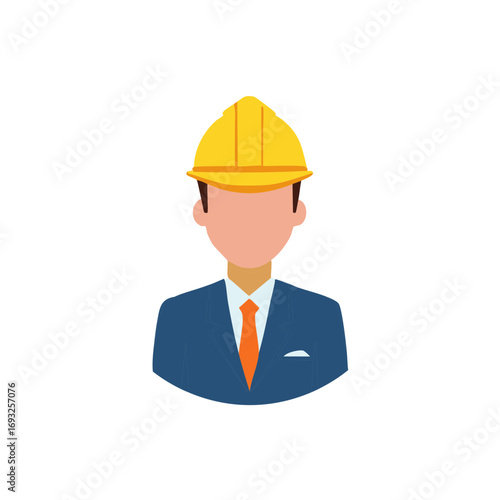 Male figure wearing a hard hat, suit, and tie. Vector illustration.