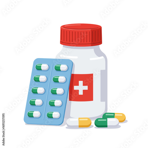 A collection of medical supplies including a pill bottle, a blister pack of capsules, and loose pills on a white background.