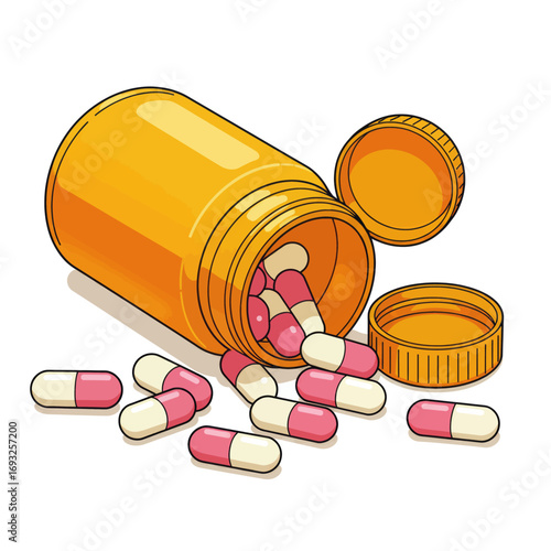 Spilled pills from an amber bottle.