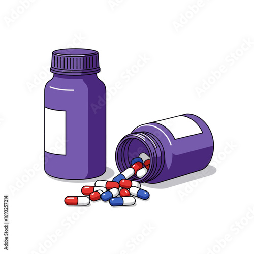 Two purple medicine bottles, one upright and one tipped over, with a pile of red, white, and blue capsules spilling out.