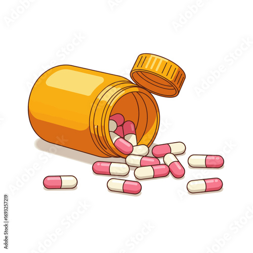 An orange pill bottle with its cap off, spilling pink and white capsules onto a white surface, depicting medication.