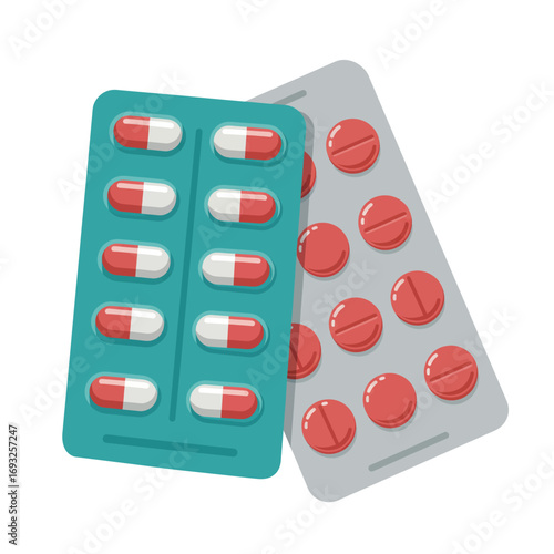 Two blister packs of medication, one with red and white capsules and another with round red tablets, on a white background.