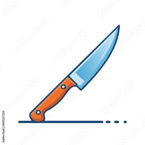 Sharp Kitchen Knife Illustration with Orange Handle and Blade Shadow