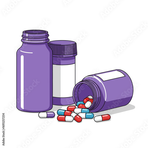 Several purple medicine bottles with pills scattered around one of them.