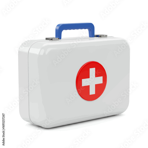 A white first aid kit with a red cross symbol and a blue handle, isolated.