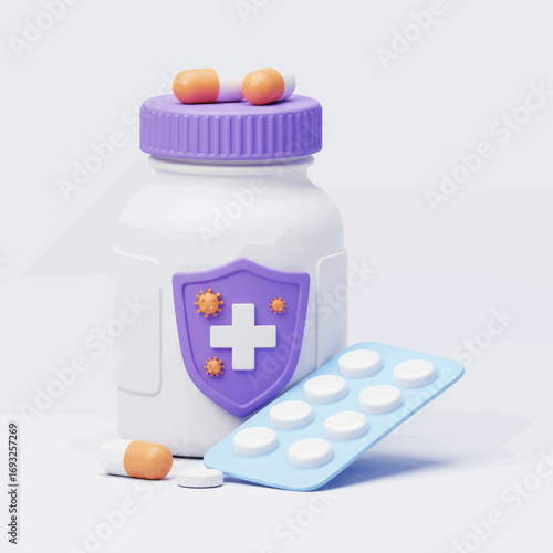 Illustration of medicine bottle, pills, and blister pack on a white background.
