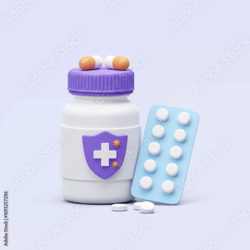 A 3D illustration of a medicine bottle with a protective shield icon, capsules, and a blister pack of pills, representing healthcare and immunity.