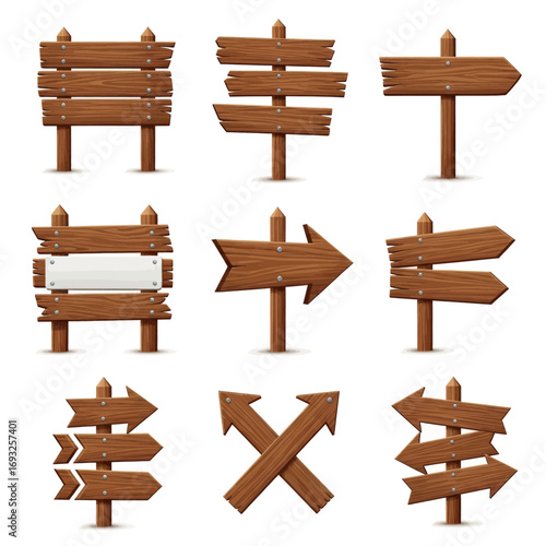 A collection of nine different rustic wooden signs, signposts, and arrow pointers isolated on a white background.