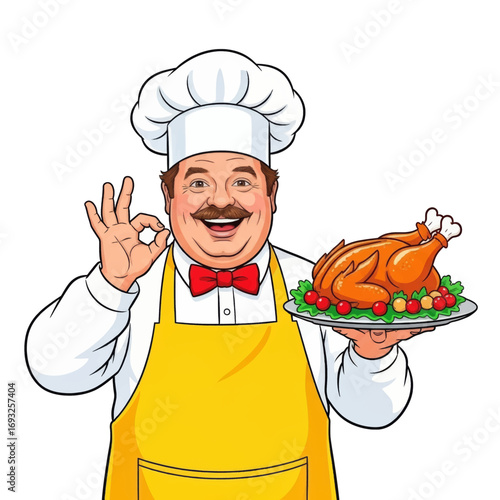 A cheerful cartoon chef in a white hat and yellow apron holds a platter with a perfectly roasted chicken and makes an "OK" hand gesture.
