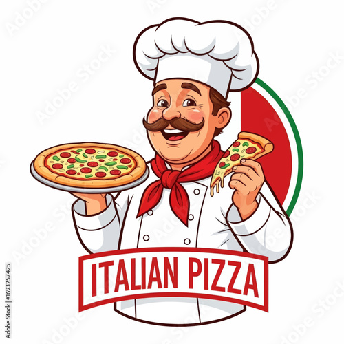 Cartoon chef holding pizza with Italian flag in background.