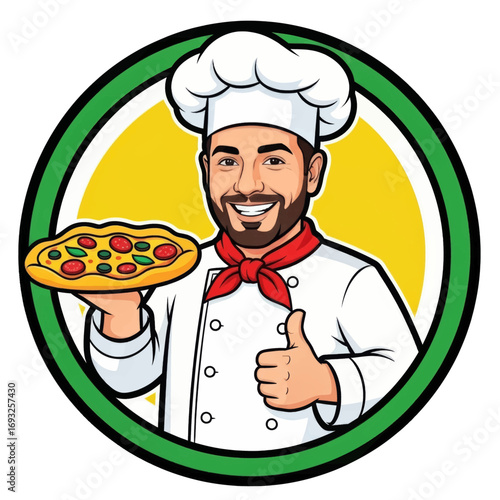 Smiling chef holding a pizza, wearing a chef's uniform and a white chef's hat, giving a thumbs up.