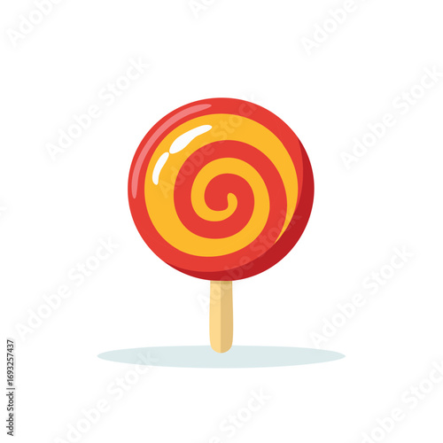 Bright red and yellow swirl lollipop on a stick with a shiny glossy surface